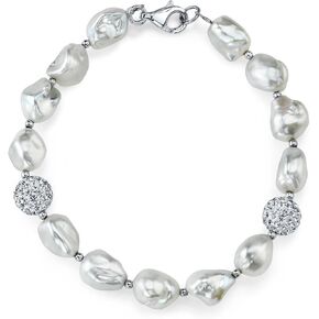 The Pearl Source 7-8mm Genuine Baroque White Freshwater Cultured Pearl & Cubic Zirconia Bracelet for Women
