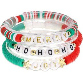 Christmas Beaded Bracelets Set for Women, Handmade Clay Beads Letter Stretch Bracelets Bulk, Adjustable White Red Green Friendship Stackable Holiday Jewelry Gift