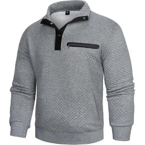 Casual Sweatshirts for Men Pullover Mens Sweatshirt Long Sleeve Button Stand Collar Quilted Sweatshirts with Pocket