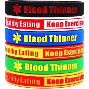 Blood Thinner Medical Alert Rubber Bracelets Awareness Silicone Wristbands for Men and Women Pack of 6 in Six Colors