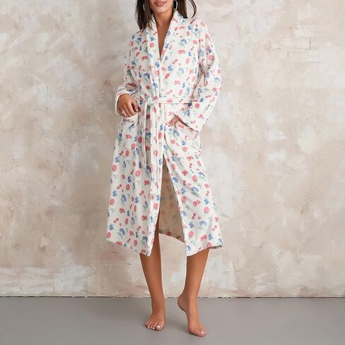 Owl's-Yard Women's Soft Summer Dressing Gown Floral Fruit Print Plush Shawl Collar Bathrobe Warm Lounge Robe with Belt in Saudi Arabia