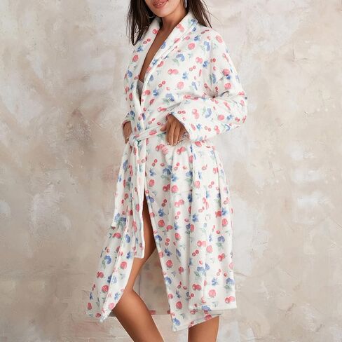 Owl's-Yard Women's Soft Summer Dressing Gown Floral Fruit Print Plush Shawl Collar Bathrobe Warm Lounge Robe with Belt in Saudi Arabia
