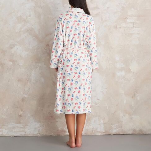 Owl's-Yard Women's Soft Summer Dressing Gown Floral Fruit Print Plush Shawl Collar Bathrobe Warm Lounge Robe with Belt in Saudi Arabia