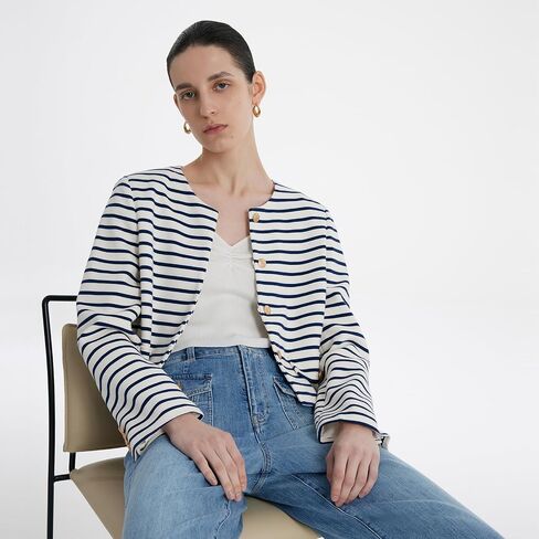Blazers for Women Striped Crewneck Button Down Lightweight Cropped Jacket for Business Casual Work Interview in Saudi Arabia