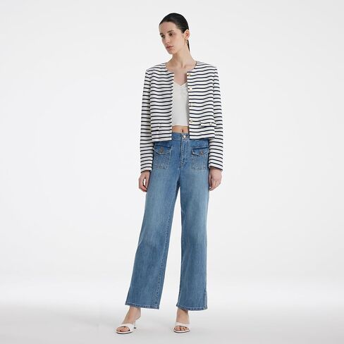 Blazers for Women Striped Crewneck Button Down Lightweight Cropped Jacket for Business Casual Work Interview in Saudi Arabia