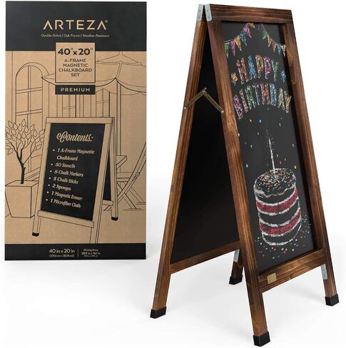 Arteza 40x20 Inch A-Frame Chalkboard Easel Set, Outdoor Chalkboard Sign with Chalk Sticks, Chalk Markers, Erasers, and Stencils, Standing Sign, Office Supplies for Businesses, Announcements & Events in Saudi Arabia