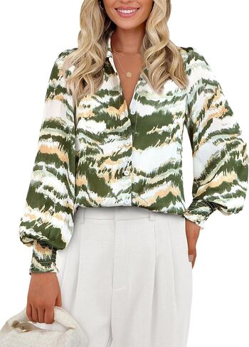 PRETTYGARDEN Womens Button Down Shirt V Neck Printed Long Sleeve Blouses Dressy Casual Fall Boho Tops in Saudi Arabia