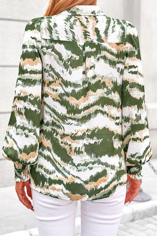 PRETTYGARDEN Womens Button Down Shirt V Neck Printed Long Sleeve Blouses Dressy Casual Fall Boho Tops in Saudi Arabia