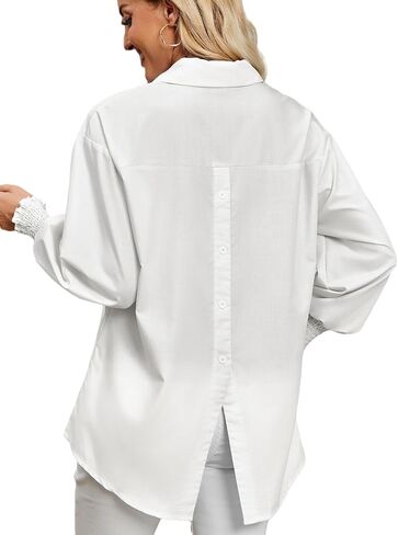 LEMAFER المرأة Smocked مكبلة عودة سبليت زر أسفل قمصان كبيرة الحجم طويلة الأكمام الصلبة طوق بلوزة 2024 بلوزات على الموضة in Kuwait