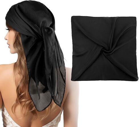 27.5" Satin Head Scarf, Large Square Hair Scarf Silk Bandana Hair Wrap Silk Feeling Scarf Neck Scarf for Women Girls, Sleeping Hair Wrapping Night - Black in Saudi Arabia