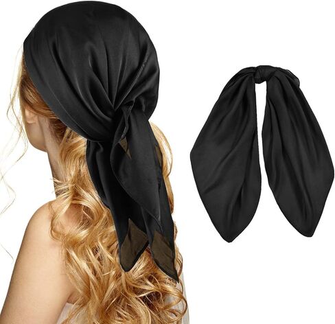 27.5" Satin Head Scarf, Large Square Hair Scarf Silk Bandana Hair Wrap Silk Feeling Scarf Neck Scarf for Women Girls, Sleeping Hair Wrapping Night - Black in Saudi Arabia