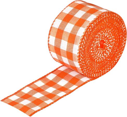 Juexica 2 Inch 6.5 Yards Thanksgiving Orange Wired Ribbons Fall Wired Ribbon Orange White Plaid Gingham Ribbon for Crafts Bow Wreath Christmas Halloween Supplies in Kuwait