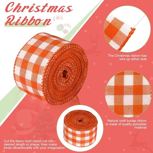 Juexica 2 Inch 6.5 Yards Thanksgiving Orange Wired Ribbons Fall Wired Ribbon Orange White Plaid Gingham Ribbon for Crafts Bow Wreath Christmas Halloween Supplies in Kuwait