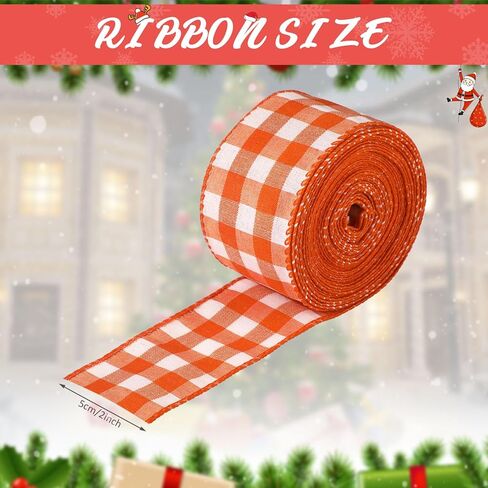 Juexica 2 Inch 6.5 Yards Thanksgiving Orange Wired Ribbons Fall Wired Ribbon Orange White Plaid Gingham Ribbon for Crafts Bow Wreath Christmas Halloween Supplies in Kuwait