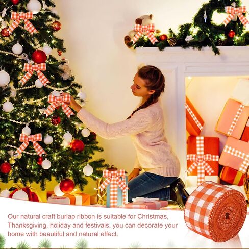 Juexica 2 Inch 6.5 Yards Thanksgiving Orange Wired Ribbons Fall Wired Ribbon Orange White Plaid Gingham Ribbon for Crafts Bow Wreath Christmas Halloween Supplies in Kuwait