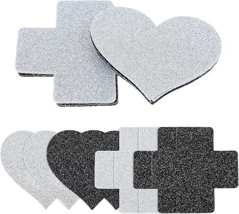 Sibba 8Pcs Glitters Pasties Nipple Covers Breast Petals Covers Heart 4 Pairs Pasties Glitters Black Silver Silicone Mode Extra Patch Rave Bra Reusable Lingerie Accessories Coverings for Halloween in Saudi Arabia