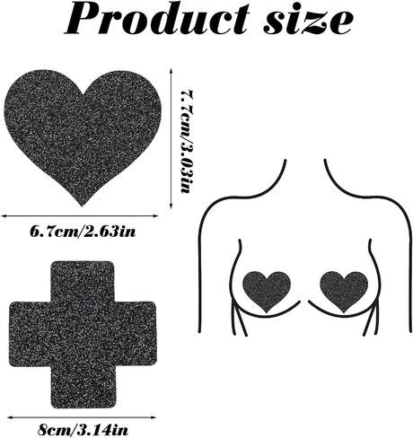 Sibba 8Pcs Glitters Pasties Nipple Covers Breast Petals Covers Heart 4 Pairs Pasties Glitters Black Silver Silicone Mode Extra Patch Rave Bra Reusable Lingerie Accessories Coverings for Halloween in Saudi Arabia