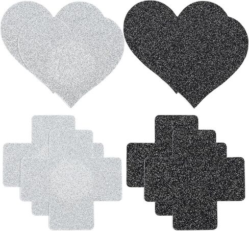 Sibba 8Pcs Glitters Pasties Nipple Covers Breast Petals Covers Heart 4 Pairs Pasties Glitters Black Silver Silicone Mode Extra Patch Rave Bra Reusable Lingerie Accessories Coverings for Halloween in Saudi Arabia