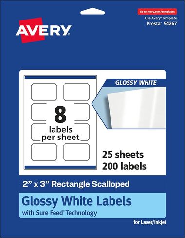 Avery Glossy White Rectangle Scalloped Labels with Sure Feed, 2" x 3", 80 Glossy White Labels, Print-to-The-Edge, Permanent Label Adhesive, Laser/Inkjet Printable Labels in Saudi Arabia