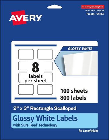 Avery Glossy White Rectangle Scalloped Labels with Sure Feed, 2" x 3", 80 Glossy White Labels, Print-to-The-Edge, Permanent Label Adhesive, Laser/Inkjet Printable Labels in Saudi Arabia
