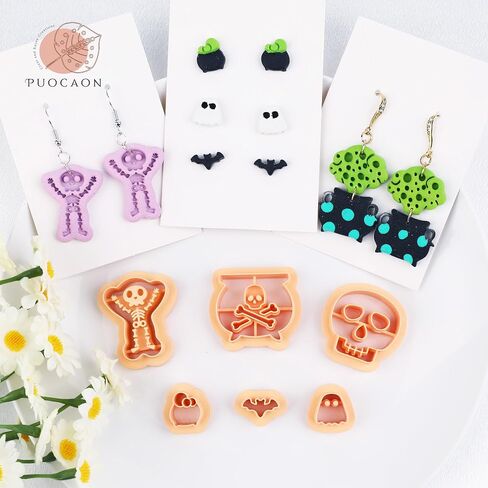 Puocaon Halloween Polymer Clay Cutters - قواطع طين الهيكل العظمي لمجوهرات طين البوليمر، قواطع مجوهرات طين الخفاش المرجل الساحرة، مجموعة صنع الأقراط الصغيرة من طين البويمر in Saudi Arabia