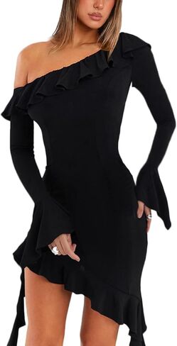 Lancifolium كشكش واحد الكتف كم طويل الربيع الصيف فستان قصير المرأة غير المتكافئة Bodycon مثير فساتين الحفلات الليلية in Kuwait