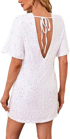 Women's Sequin Mini Club Party Dress Short Sleeve Crewneck Tie Backless Velvet Dresses in Kuwait