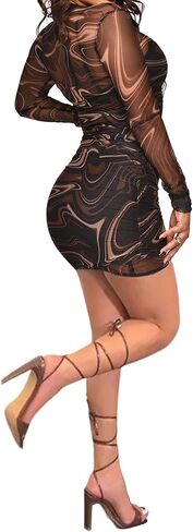 Uni Clau Women Sexy Long Sleeve Printed Sheer Mesh Bodycon Midi Dress See Through Slim Fit Tight Party Clubwear Long Dress in Saudi Arabia