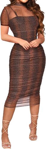 Uni Clau Women Sexy Long Sleeve Printed Sheer Mesh Bodycon Midi Dress See Through Slim Fit Tight Party Clubwear Long Dress in Saudi Arabia
