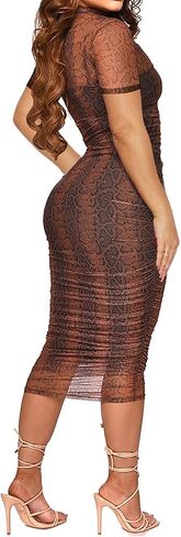 Uni Clau Women Sexy Long Sleeve Printed Sheer Mesh Bodycon Midi Dress See Through Slim Fit Tight Party Clubwear Long Dress in Saudi Arabia