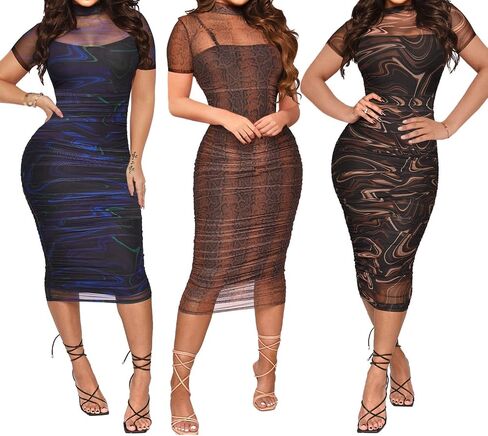 Uni Clau Women Sexy Long Sleeve Printed Sheer Mesh Bodycon Midi Dress See Through Slim Fit Tight Party Clubwear Long Dress in Saudi Arabia