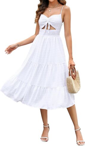 ZAFUL Women's Summer Dresses 2024 Sleeveless Cut Out Drawstring Midi Dress Swiss Dot Tiered A-Line Casual Swing Sundress in Saudi Arabia