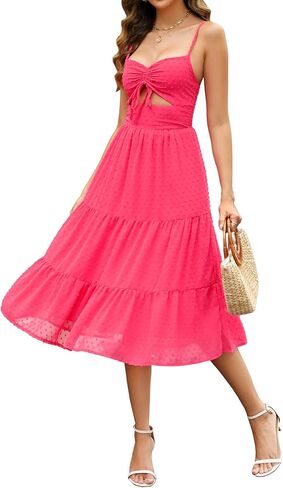 ZAFUL Women's Summer Dresses 2024 Sleeveless Cut Out Drawstring Midi Dress Swiss Dot Tiered A-Line Casual Swing Sundress in Saudi Arabia