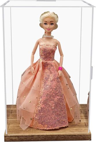8x12'' transparent acrylic display box, doll doll display box,collectible display box with wooden base, suitable for collecting and displaying doll dolls, commemorative trophies, model toys (Brown) in Saudi Arabia
