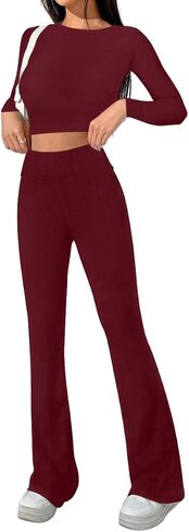 Sweet Hearts 2 Piece Lounge Sets for Women- Flare Leggings Long Sleeve Crop Top Fall 2 Piece Pajama Sets Made in USA in Saudi Arabia