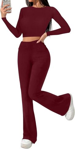 Sweet Hearts 2 Piece Lounge Sets for Women- Flare Leggings Long Sleeve Crop Top Fall 2 Piece Pajama Sets Made in USA in Saudi Arabia
