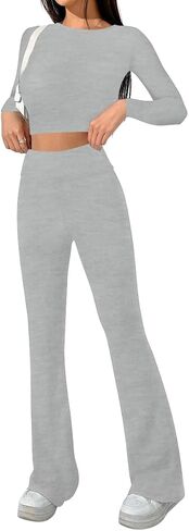 Sweet Hearts 2 Piece Lounge Sets for Women- Flare Leggings Long Sleeve Crop Top Fall 2 Piece Pajama Sets Made in USA in Saudi Arabia