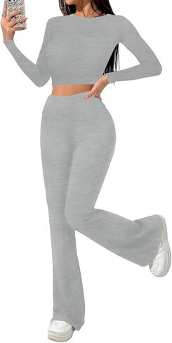 Sweet Hearts 2 Piece Lounge Sets for Women- Flare Leggings Long Sleeve Crop Top Fall 2 Piece Pajama Sets Made in USA in Saudi Arabia