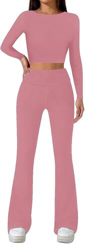 Sweet Hearts 2 Piece Lounge Sets for Women- Flare Leggings Long Sleeve Crop Top Fall 2 Piece Pajama Sets Made in USA in Saudi Arabia
