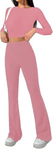 Sweet Hearts 2 Piece Lounge Sets for Women- Flare Leggings Long Sleeve Crop Top Fall 2 Piece Pajama Sets Made in USA in Saudi Arabia