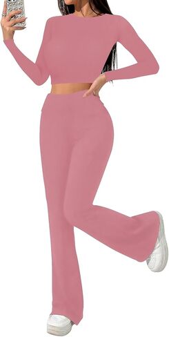 Sweet Hearts 2 Piece Lounge Sets for Women- Flare Leggings Long Sleeve Crop Top Fall 2 Piece Pajama Sets Made in USA in Saudi Arabia