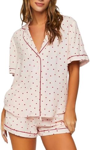 Seyurigaoka Womens Heart Print Pajamas Shorts Set Short Sleeve Sleepwear Loungewear Button-Down 2 Piece Pjs Set in Kuwait