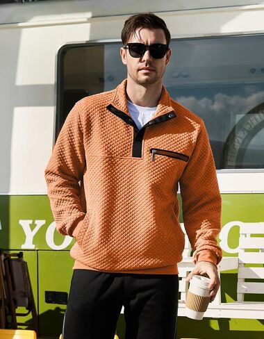 Casual Sweatshirts for Men Pullover Mens Sweatshirt Long Sleeve Button Stand Collar Quilted Sweatshirts with Pocket in Kuwait