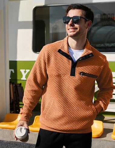 Casual Sweatshirts for Men Pullover Mens Sweatshirt Long Sleeve Button Stand Collar Quilted Sweatshirts with Pocket in Kuwait