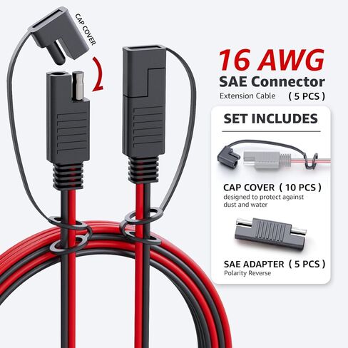 MADCATZ SAE to SAE Extension Cable Quick Disconnect Connector Wire Harness 1 Ft -16 AWG for Automotive, Solar Panel SAE Plug EV, Charging Adapter, Battery, Cars (5 pcs with 5 Adapter /10 Cover) in Kuwait