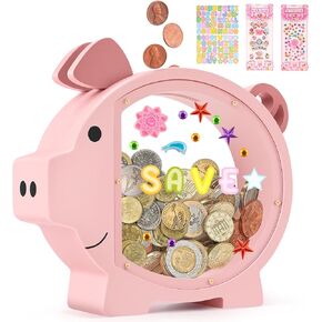 Pink Piggy Bank for Girls Money Saving,Wooden Piggy Bank for Kids,Unbreakable Piggy Bank with Letter Stickers,DIY Name Personalized Coin Bank for Children's Birthday Decor
