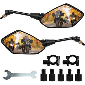 BlueStars Motorcycle Rear View Side Mirrors for M8 M10 Threaded Bolts - Universal Fit for Street Bike Scooter ATV MotorBike Cruiser Snowmobile - 1 Pair w/Bolts, 7/8" Handlebar Mirror Mounts, Wrench