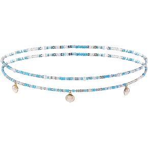 MINACHI 2-Piece Body Chain with White Blue Rice Beads, Imitation-Pearl Scallop Shell, Elastic Cord, Waist Chain, Bell Chain, Beach Style Jewelry for Women