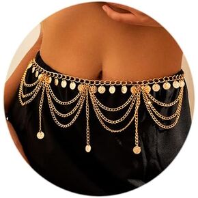 Vinzar Boho Gold Belly Chain Multi Layered Chain Belt Coin Pendant Waist Chain Sequin Waist Belly Chain Beach Body Waist Chain for Women and Girls