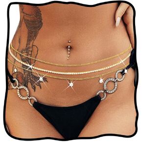 Nicute Layered Waist Chain Belt Gold Crystal Belly Chain Sparkly Summer Beach Bikini Waist Jeweley for Women